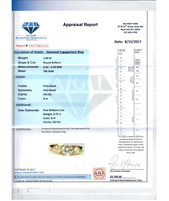 AGI certified 1.75 cts three stone diamond ring